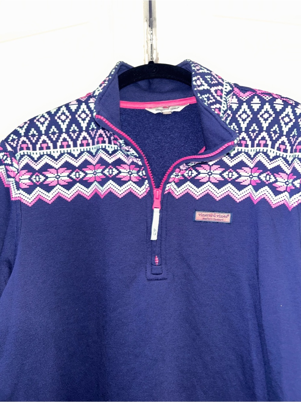 Vineyard Vines Navy and Pink Fair Isle Quarter-Zip - Picture 2 of 9